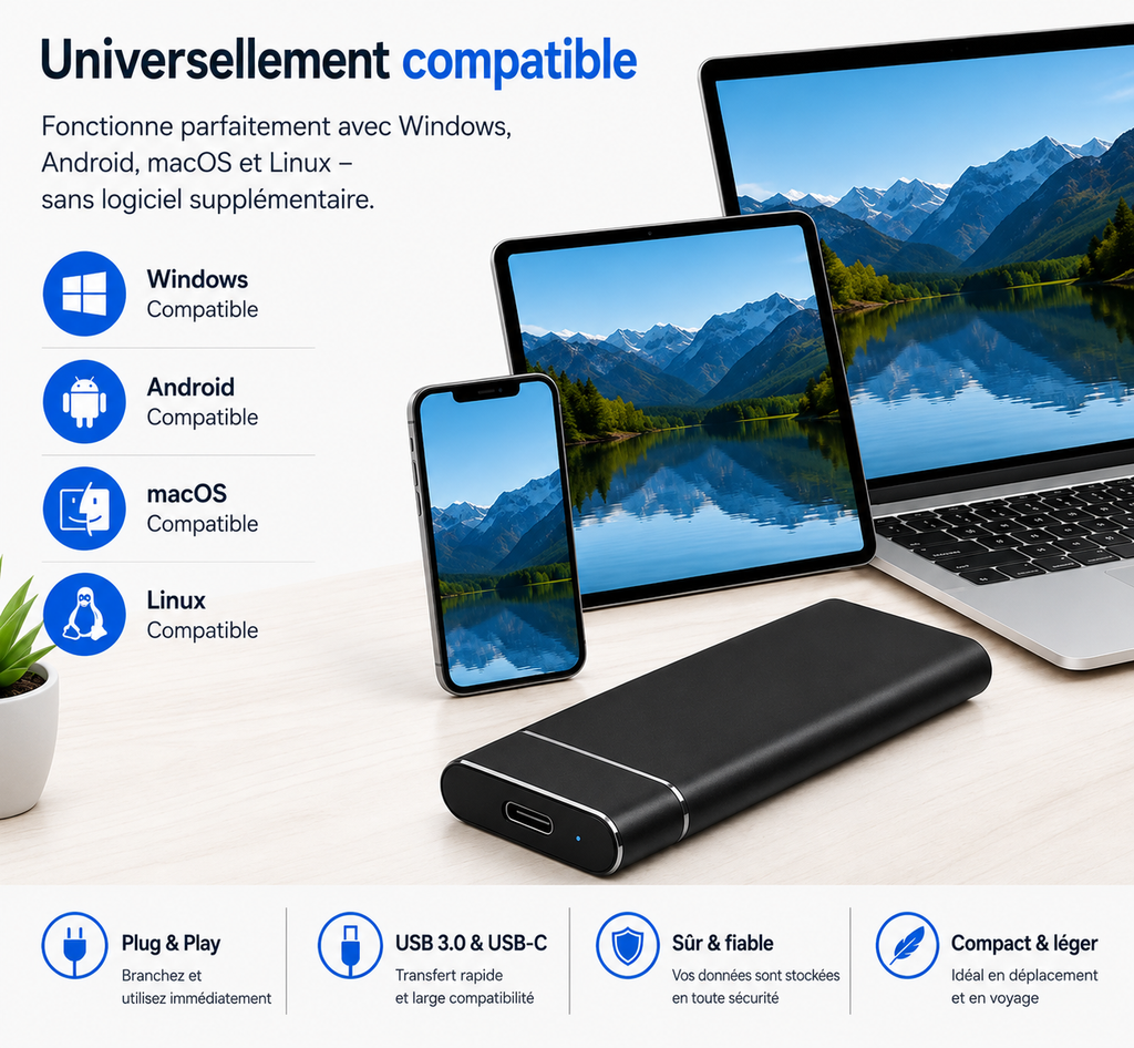 Disque SSD externe 4 To – Ultra rapide – Plug & Play – USB 3.0 & USB-C