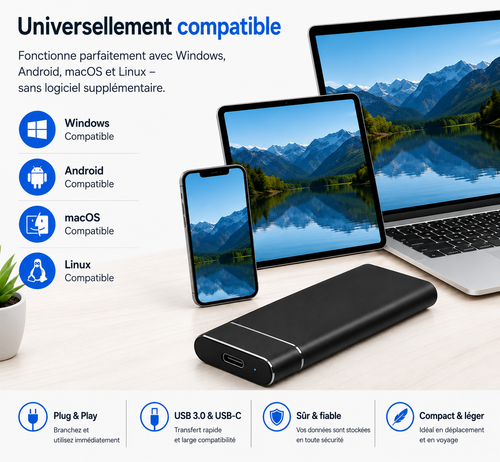 Disque SSD externe 4 To – Ultra rapide – Plug & Play – USB 3.0 & USB-C