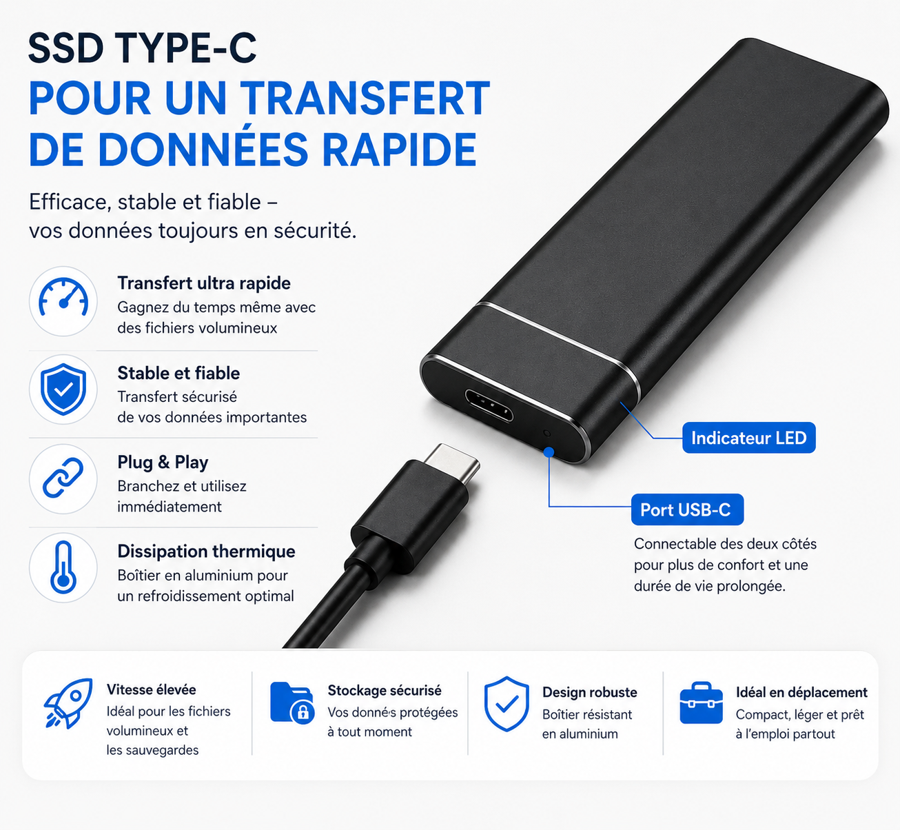 Disque SSD externe 4 To – Ultra rapide – Plug & Play – USB 3.0 & USB-C