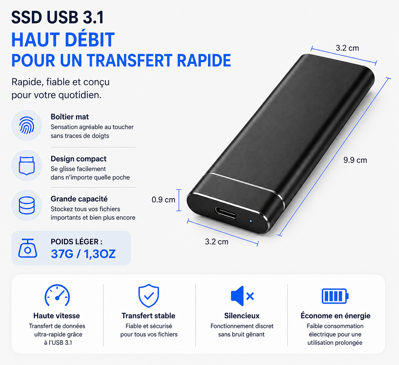 Disque SSD externe 4 To – Ultra rapide – Plug & Play – USB 3.0 & USB-C