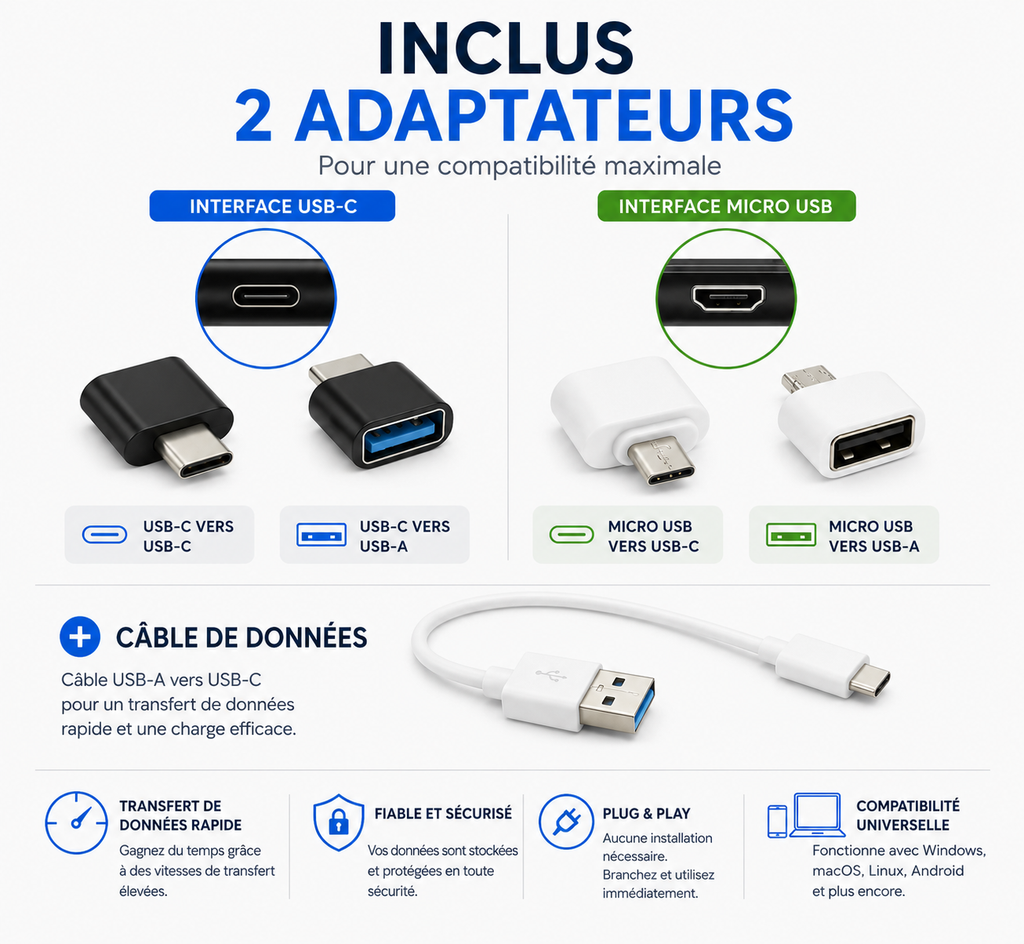 Disque SSD externe 4 To – Ultra rapide – Plug & Play – USB 3.0 & USB-C