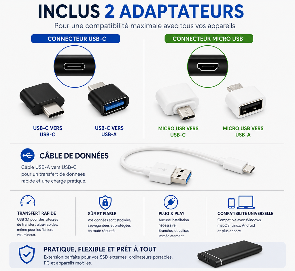 Disque SSD externe 4 To – Ultra rapide – Plug & Play – USB 3.0 & USB-C