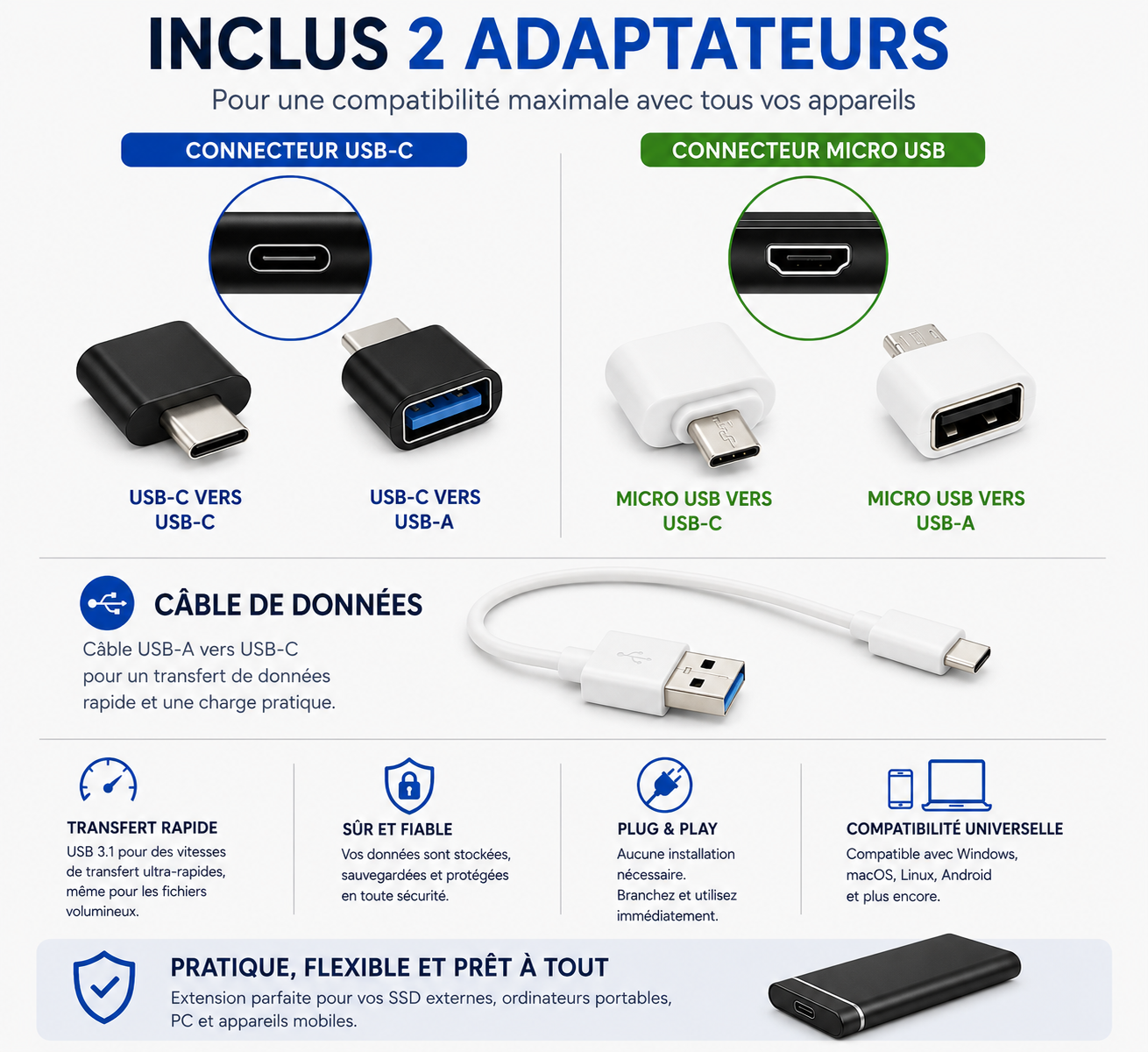 Disque SSD externe 4 To – Ultra rapide – Plug & Play – USB 3.0 & USB-C