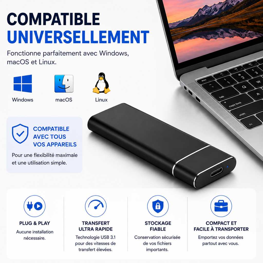 Disque SSD externe 4 To – Ultra rapide – Plug & Play – USB 3.0 & USB-C