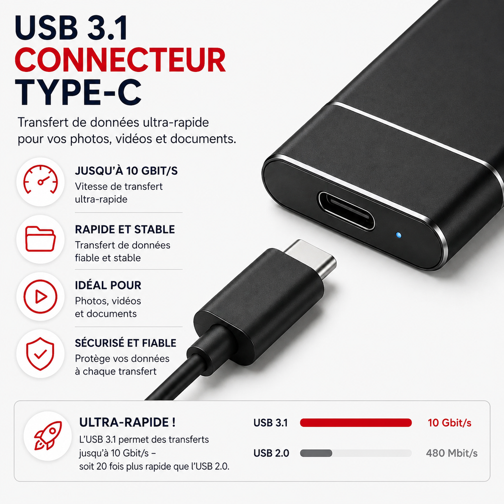 Disque SSD externe 4 To – Ultra rapide – Plug & Play – USB 3.0 & USB-C