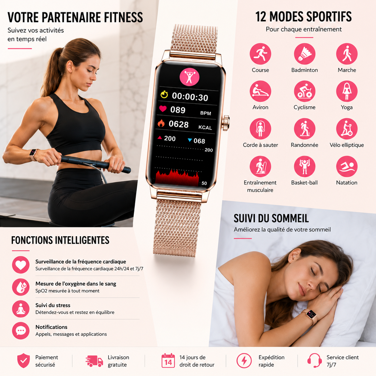 Montre connectée femme avec appels Bluetooth – Écran tactile HD de 1,45 pouce – Étanche IP67 – Jusqu'à 7 jours d'autonomie