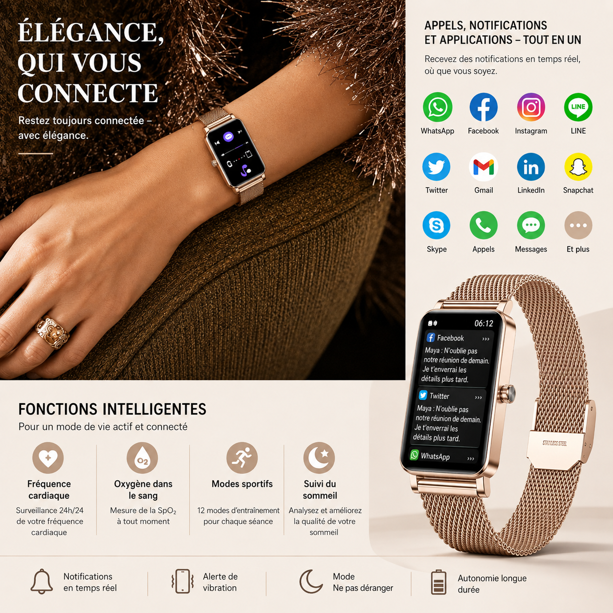 Montre connectée femme avec appels Bluetooth – Écran tactile HD de 1,45 pouce – Étanche IP67 – Jusqu'à 7 jours d'autonomie